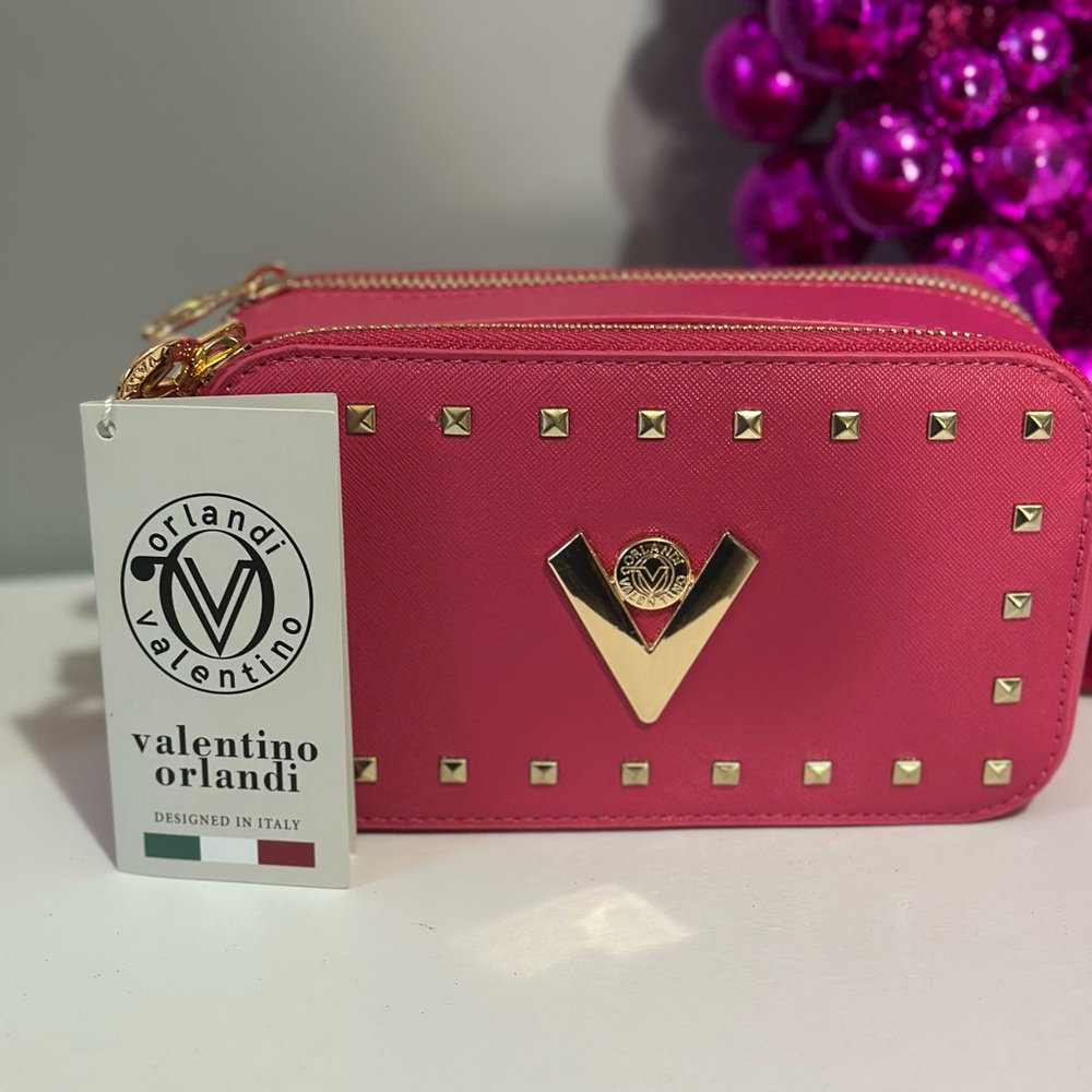 Valentino Orlandi Pink Crossbody Bag with Gold Studs